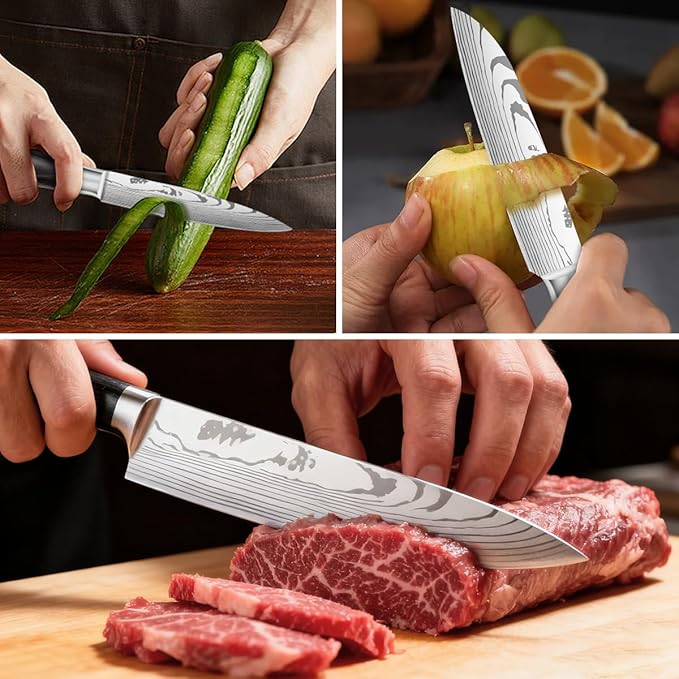 3-Piece Premium Japanese Kitchen Knife Set - Imperial Collection, Laser Damascus Pattern, 440A Stainless Steel Ultra Sharp for Fast Cutting (Redwood 3J)