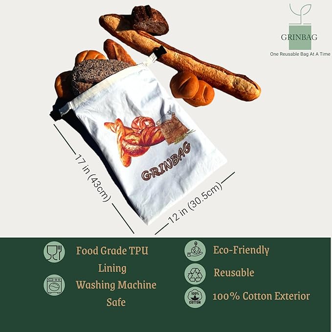 2 Pack Reusable Bread Bag, Sustainable Bread Storage w/Zipper, Freezer Bag, 100% Cotton, Eco-Friendly, Homemade Sourdough Bread Loaf Container, XLarge Reusable Food Storage Box