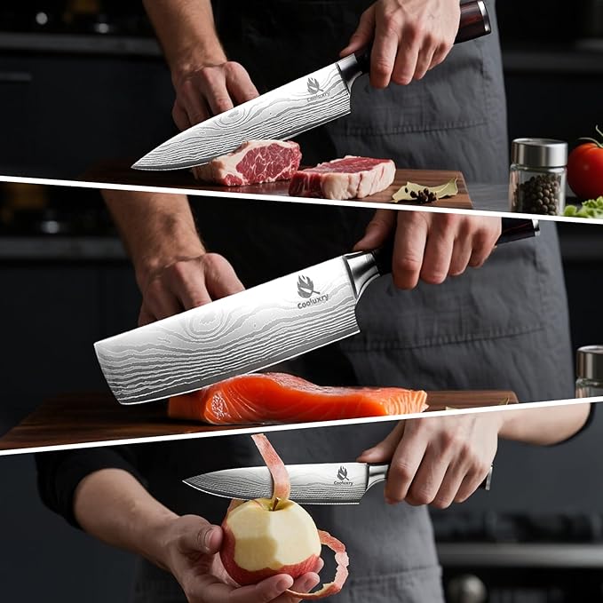 3-Piece Kitchen Knife Set, Chef Knife, Utility Knife & Paring Knife for Precise Cutting, 3 Piece High Carbon Stainless Steel Professional Chef Knife Set with Wooden Handle, Ultra Sharp Blade