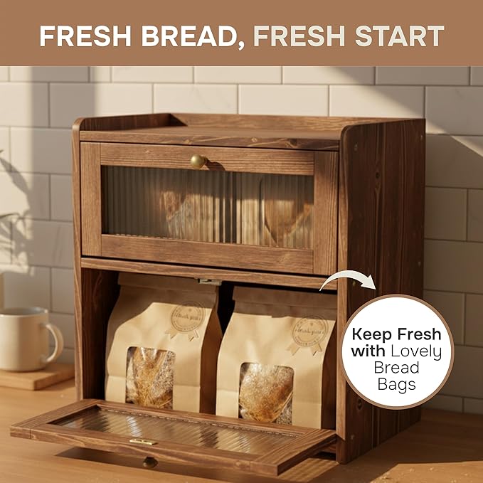 Bread Box for Kitchen Countertop - Wooden 2 Tier Bread Box with 10x Bread Bags and 10x Bread Bag Ties Vintage Breadbox Bread Storage Container Farmhouse Food Organizer Pantry Shelf (Brown)