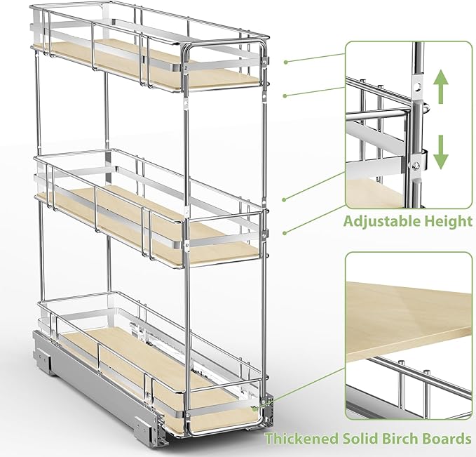 ROOMTEC 3-Tier Pull Out Cabinet Organizer Spice Rack for Narrow Cabinet 5" W x 20½" D, Slide Out Wood Shelves Storage for Kitchen