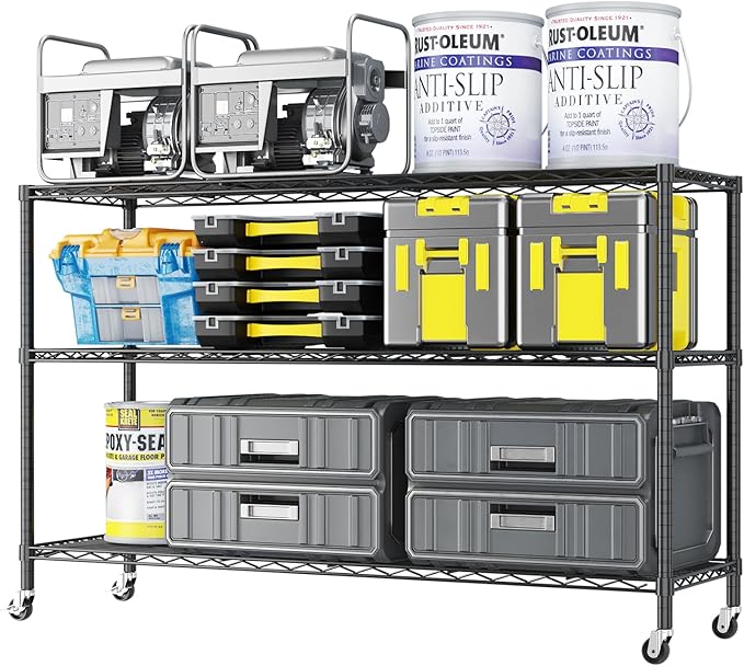 Karl home 3-Tier Adjustable Metal Storage Shelves, Wire Shelving Unit with Wheels & Leveling Feet, Heavy Duty Garage Shelving, Pantry & Kitchen Display Shelf Organizer, Home Storage Rack