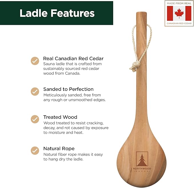 Sauna Ladle - Handmade from Canadian Red Cedar Wood - Natural Rope - 14″ Handle & 3.4 oz (100 mL) Capacity Spoon