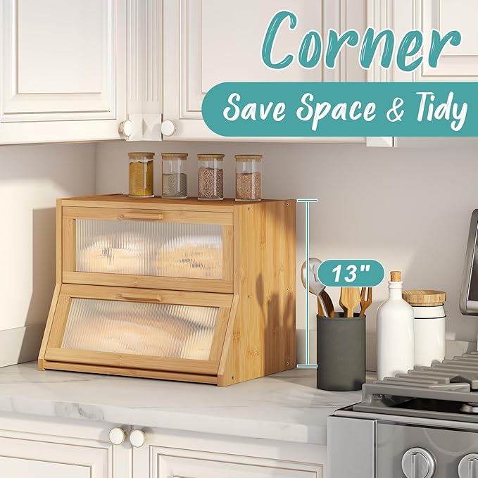Bread Box for Kitchen Counter, Large Bamboo Wooden Double Layer Large Capacity Bread Storage Bin with Acrylic Wavy Door Panel (Natural)