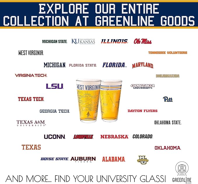 Greenline Goods – University of West Virginia Mountaineers College Pint Beer Glasses (Set of 2), 16 oz – Full-Color Logo + Campus Map