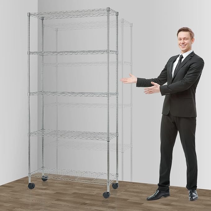 5-Shelf Adjustable Storage Shelf, Heavy Duty Storage Shelving Unit with Wheels, Standing Shelves Metal Organizer Wire Rack for Kitchen Bathroom Pantry, 30" L x 14" W x 60" H, Chrome