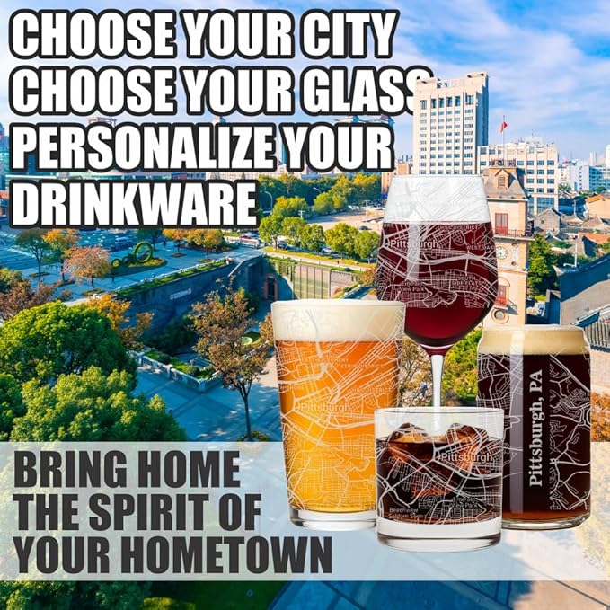 Blue Ridge Mountain Gifts - Pittsburgh Souvenir - Pennsylvania Glassware Gift, Etched City Map, Laser Engraved and Dishwasher Safe