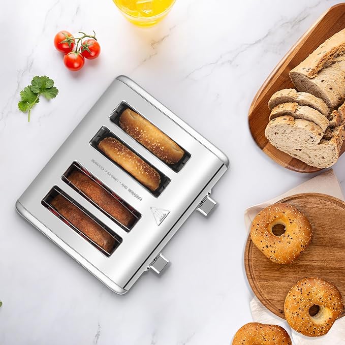 Stainless Steel Toaster, CUSIMAX 4 Slice Toaster with Smart LED Display, Exart Wide Slots, 6 Shade Settings, 1650 Watts, Bagel and Defrost Fuction, Cancel Button, Removable Crumb Trays