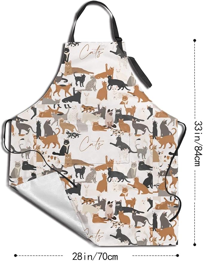 Cat and Dogs Animals Adjustable Bib Neck Chef Aprons, Kitchen Bbq Waterproof Apron with 2 Pockets For Mom Dad