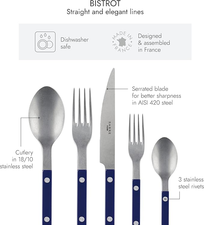 SABRE PARIS - 5-Piece Flatware Set - Bistrot Vintage Collection - Knives, Forks, Soup Spoons, Teaspoons & Dessert Forks - Stainless Steel & Acrylic - Dishwasher Safe - Navy Blue - Mat Finish