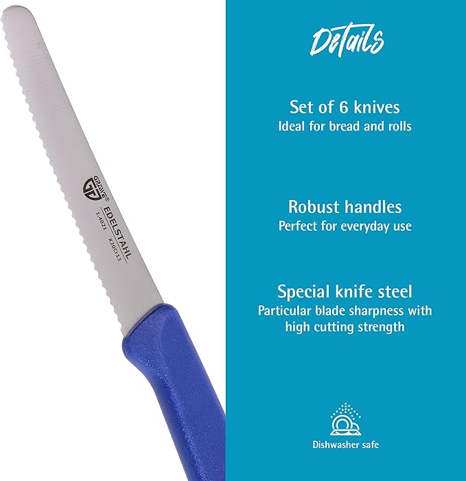 GRÄWE table knife 6 pieces, set for cutting, pack of 6 bread knives, for breakfast with serrated edge on one side, length 8.3 inch - handle color blue