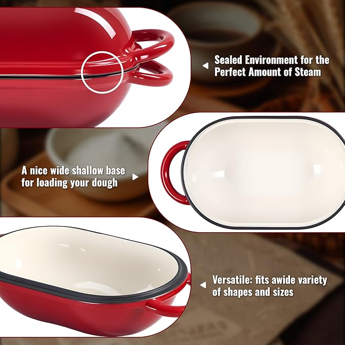 5 QT Oval Dutch Oven for Bread Baking, Enamelled Cast Iron Bread Oven for Sourdough, Sourdough Loaf Pan with Lid, Heavy-Duty Non Stick Bread Pan for Homemade Bread Baking, Red