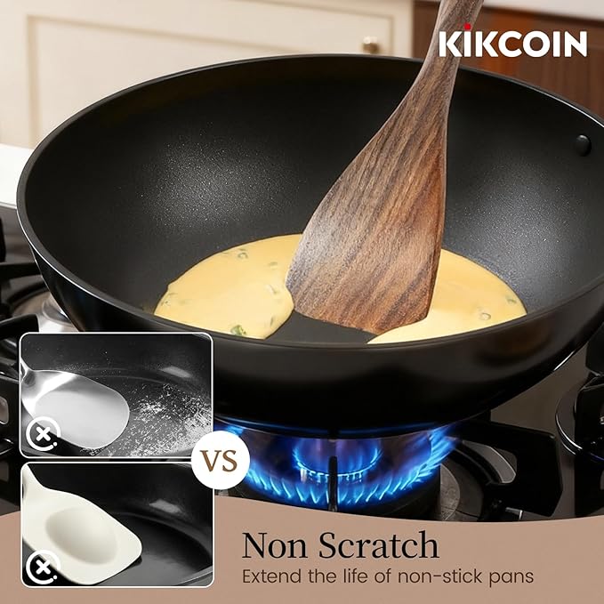 Kikcoin Wood Kitchen Utensils Set, 7 PCS Solid Teak Wooden Spoons for Cooking with Long Handle Heat-Resistant Wooden Cooking Utensils Set for Non-stick Cookware Including Hanging Hole