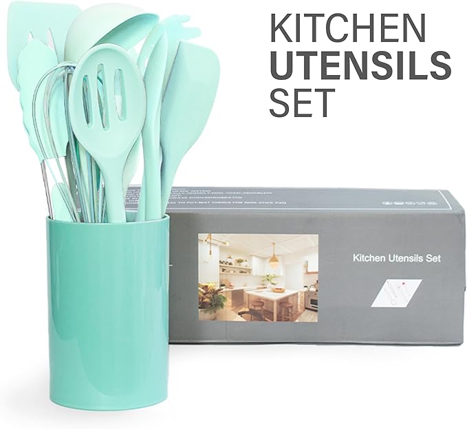 Kitchen Silicone Utensil Set | 12Pcs Silicone Cooking Utensils Set | Food Grade Safety Silicone Kitchen Tools | Heat Resistant | Nonstick Utensils | Dishwasher Safe (Aquamarine)