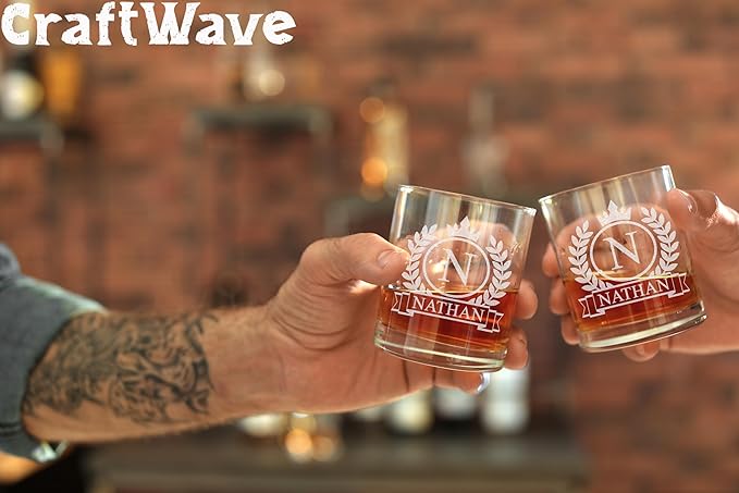 Personalized Whiskey Glass for Men, Custom Engraved Name & Initial Rocks Glasses, 11oz, Barware for Men, Father’s Day Gifts - Set of 2