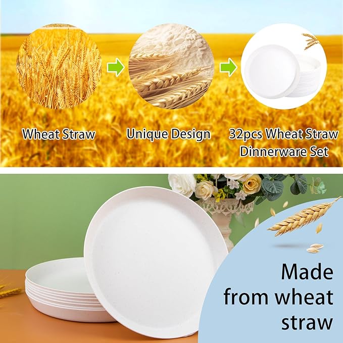 EI 18pcs White Wheat Straw Dinner Plates,Lightweight Dinner Plates,Premium Reusable Plastic Plates,Unbreakable Deep Dinner Plates for School,Family Dinner,Picninc
