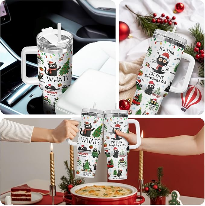 34HD 40oz Funny Christmas Cat Tumbler with Handle – Black Cat Gift, Holiday Travel Mug with Lid & Straw