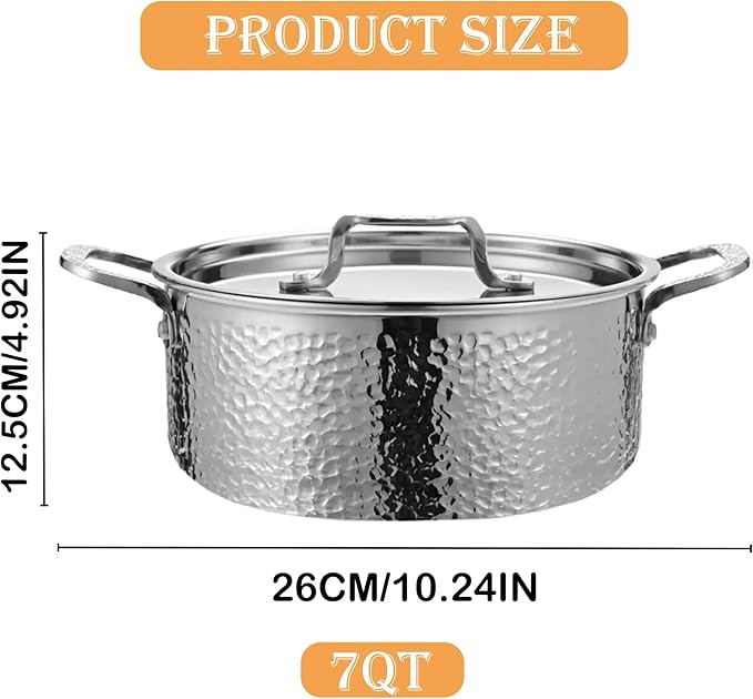 Vivicreate Tri-Ply Stainless Steel Stockpot – Deep Cooking Pot with Hammered Exterior, Compatible with All Stovetops, Even Heat Distribution, Durable Cookware for Soups, Stews, and More（7QT）