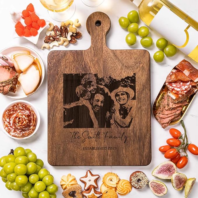 Personalized Wooden Engraved Cutting Boards with Handle, Custom Reversible Monogrammed Cheese Board S M L, Housewarming Wedding Gift for Family or Couple (Photo)
