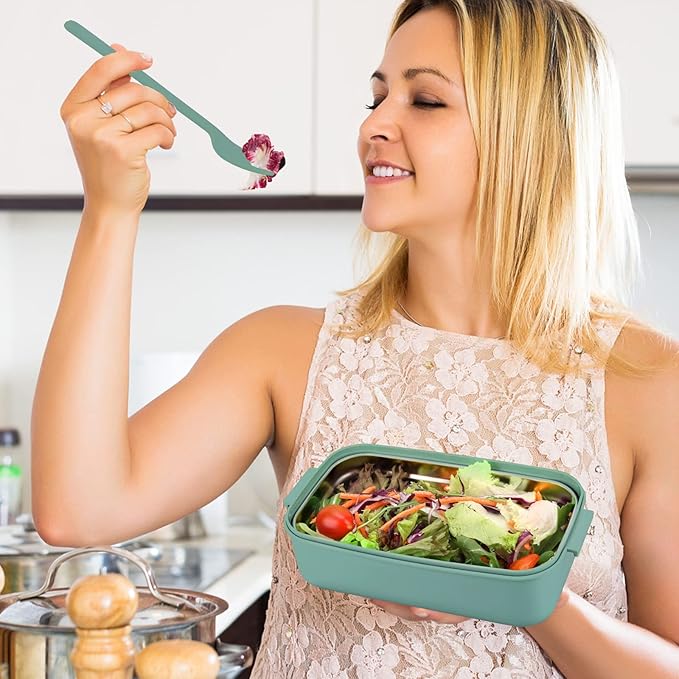 Adult Bento Lunch Box Kit, Bento Boxes Portable Lunch Box, Adult Bento Box with Lunch Bag, Bento Lunch Containers for Women, 1200ml Large Capacity Lunchbox BPA-Free(Green Metal)