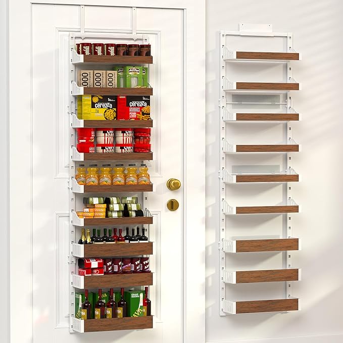 Over the Door Pantry Organizer: Pantry Organization and Storage with Hanging Basket - 9-Tier Metal Spice Rack Adjustable Shelves for Kitchen Bedroom Bathroom & Laundry Room White
