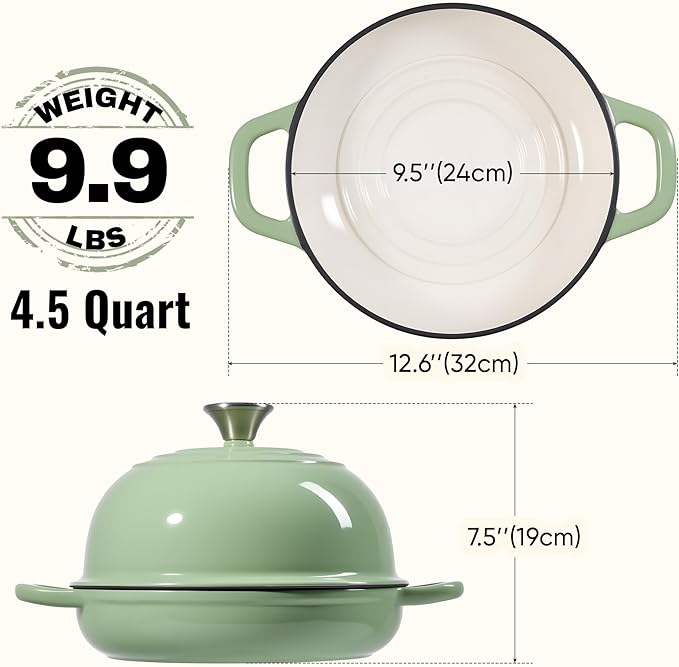 4.5 QT Dutch Oven for Bread Baking, Cast Iron Bread Oven for Sourdough, Enamelled Bread Dutch Oven with Lid, Heavy-Duty Non Stick Bread Pot, Green