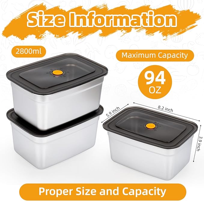 3 PCS Stainless Steel Food Storage Containers(94oz) with Lids Leak Proof & Airtight | Stainless steel freezer Containers,Airtight Bento Lunch Box,For Meal Prep,Fruit,Snack,Freezer
