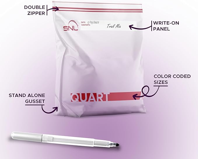 Quart Food Bags by SNL -200 Bags- Leak-Proof, Clear, Write-On Block, Reclosable, Disposable Storage Bags, Double Seal Zippers with Clicking Noise Zip Confirmation, Stand-Alone Gusset, Easy Dispensing