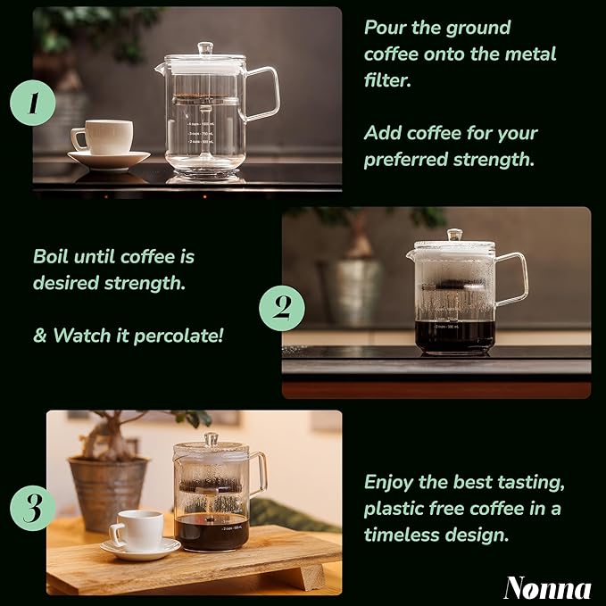 NONNA 2.0 Glass Coffee Percolator - Borosilicate Glass & Stainless Steel Retro Percolator | Eco Friendly Coffee Gift | BPA Free | Stovetop Glass Coffee Percolator (1 Unit)