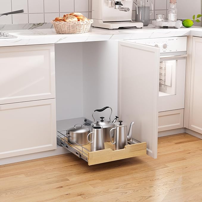 Pull Out Cabinet Organizer,Heavy-Duty Slide Out Shelf, Wood And Wire Basket, Pull Out Drawer for for Kitchen Under Sink Space, Pantry, Bathroom (17 * 21 WM)