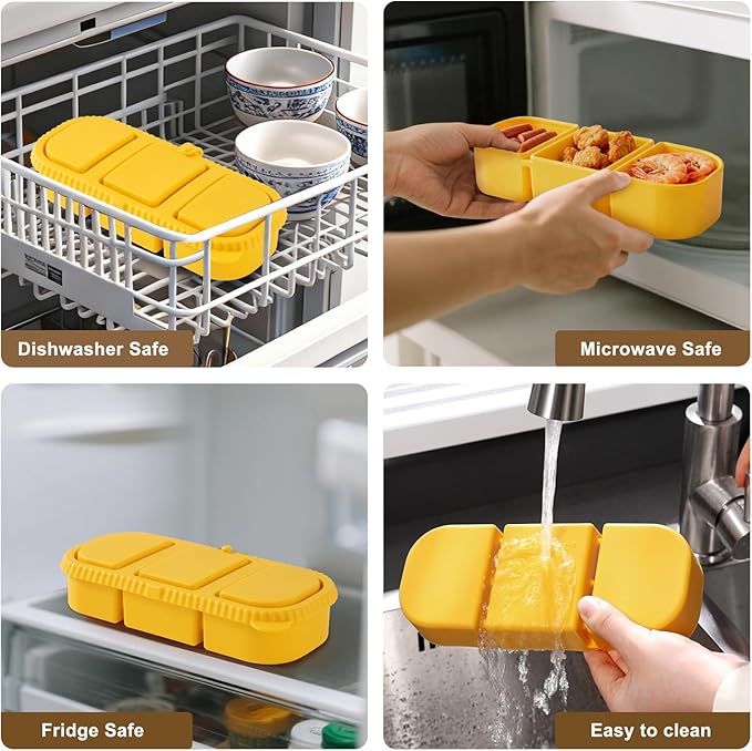 Silicone Snack Containers for Kids, 3-Compartment Reusable Small Snackle Box with Airtight Lids for Lunchable, Sauce, School, Travel, Work（1Pack-14oz）