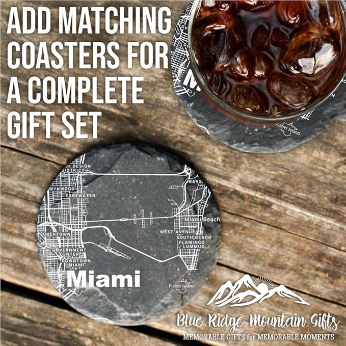 Blue Ridge Mountain Gifts - Miami Souvenir - Florida Glassware Gift, Etched City Map, Laser Engraved and Dishwasher Safe