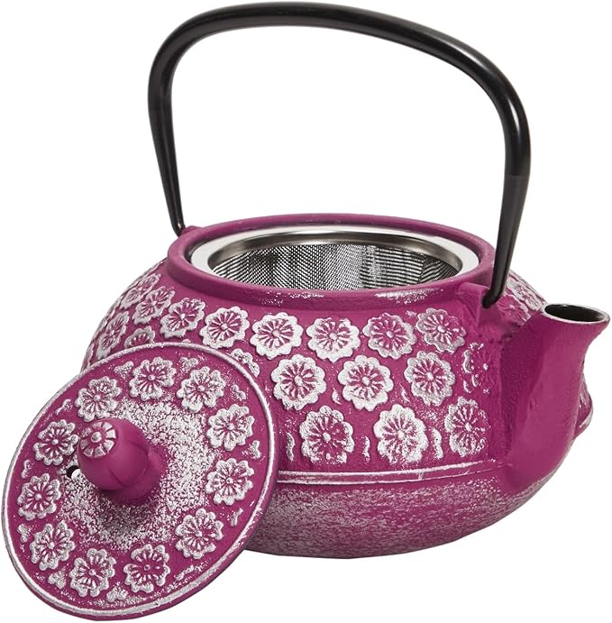 Juvale Cast Iron Tea Kettle with Infuser - Stovetop Brewing & Heat Retention - Floral Purple Cast Iron Teapot - Built-In Loose-Leaf Tea Infuser Pot - 34 oz, Medium
