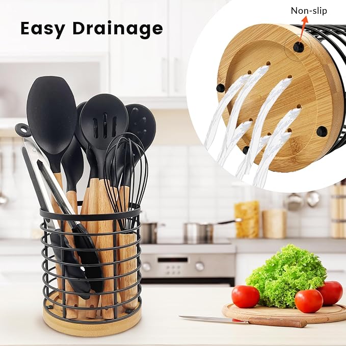 Daily Treasures 12PCS Kitchen Utensils Set,Cooking Utensils Set with Storage Holder,Kitchen Tools Made of Heat Resistant Food Grade Silicone and Wooden Handles for Nonstick Cookware