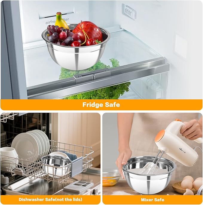 7 Piece Stainless Steel Mixing Bowls with Lids Set, Metal Mixing Bowls Nesting Design Salad Bowl for Kitchen Cooking, Baking, Prepping and Serving Food (Size 0.7, 1.1, 1.5, 2.1, 3.5, 4, 4.5QT)