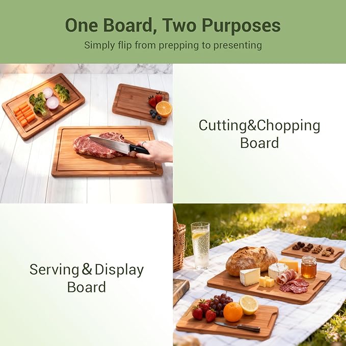 Bamboo Cutting Board for Kitchen, Wooden Cutting Boards 3-Piece with Deep Juice Groove Built-In Handles and Non-Slip Feet, Wood Chopping Boards Set for Meat Vegetables Fruit Ideal Gift for the Home