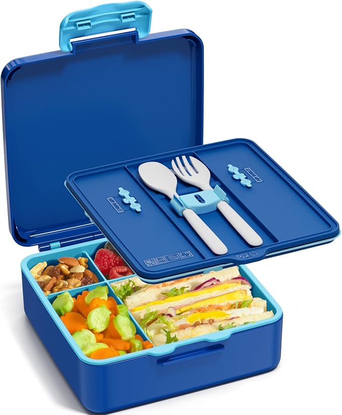 Fimibuke Bento Lunch Box for Kids, Leak Proof Toddler Bento Box with 4 Compartments BPA Free Dishwasher Safe Lunch Container with Utensils, Ideal Portion Sizes for Ages 3-12 Girls Boys for School