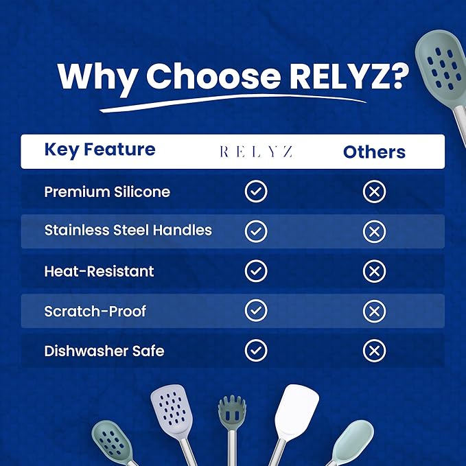 5-Piece Silicone Kitchen Utensil Set – Heat-Resistant, BPA-Free Cooking Tools with Stainless Steel Handles – Nonstick Safe Turner, Spoons, Pasta Server & Spatula – Dishwasher Safe