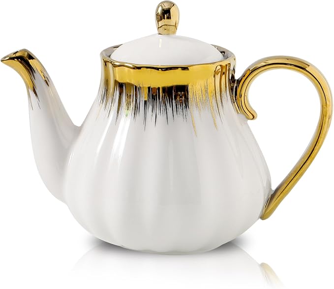 Ceramic Teapot, Ceramic Tea Pot with Removable Stainless Steel Infuser White Teapots with Gold Trim, Floral Teapot, Tea Kettles for loose leaf tea and tea bags, Coffee(30oz)