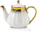 Ceramic Teapot, Ceramic Tea Pot with Removable Stainless Steel Infuser White Teapots with Gold Trim, Floral Teapot, Tea Kettles for loose leaf tea and tea bags, Coffee(30oz)