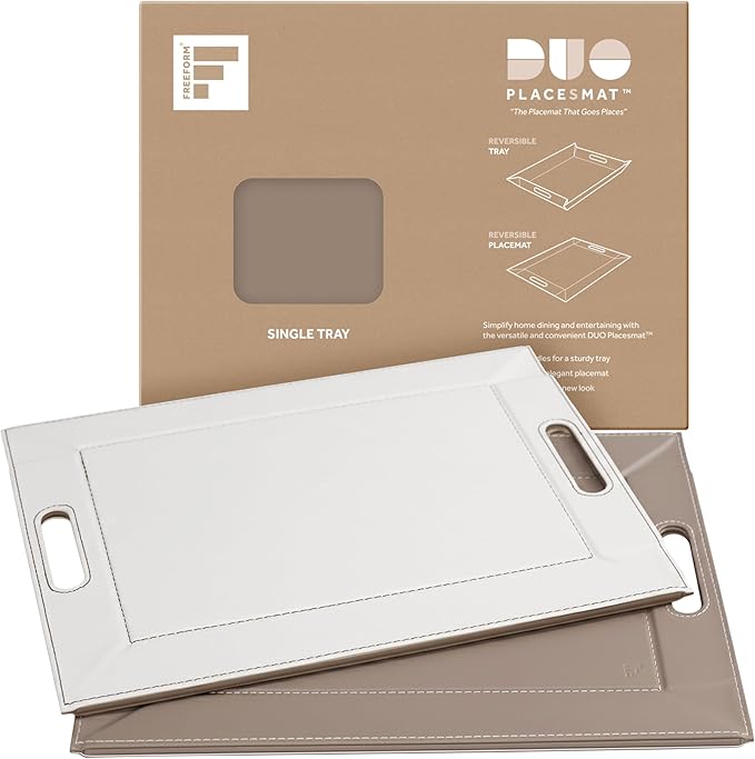 PLACEsMAT 2-in-1 Faux Leather Placemat & Serving Tray | Reversible Design, Lays Flat & Easy to Clean | Ottoman Food Tray, Perfect Housewarming Gift, 18” x 14” (Taupe & White, Single)