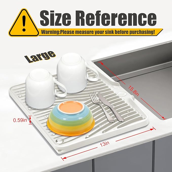 Silicone Dish Drying Mat for Kitchen Counter, Dish Drying Pad, Non-Slip Drain Pad with Built-in Drain, Heat Resistant Stone Drying Mat(15.8" x 13", Cream)