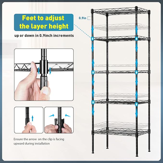 5-Shelf Storage Shelves Metal Shelving Unit NSF Garage Storage Rack Adjustable Wire Shelves Organizer for Kitchen Closet Basement, 750 Lbs Capacity, 16.7" L × 11.8" W × 47.6" H, Black