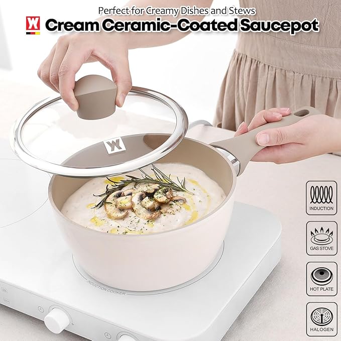 Aluminum Saucepan with Ceramic Coated Non-Stick Surface, 7-Layer Coating, Bakelite Handle and Lid Knob, Tempered Glass Lid, All Cooktops Compatible, 2.34 Liters / 2.47 Quarts