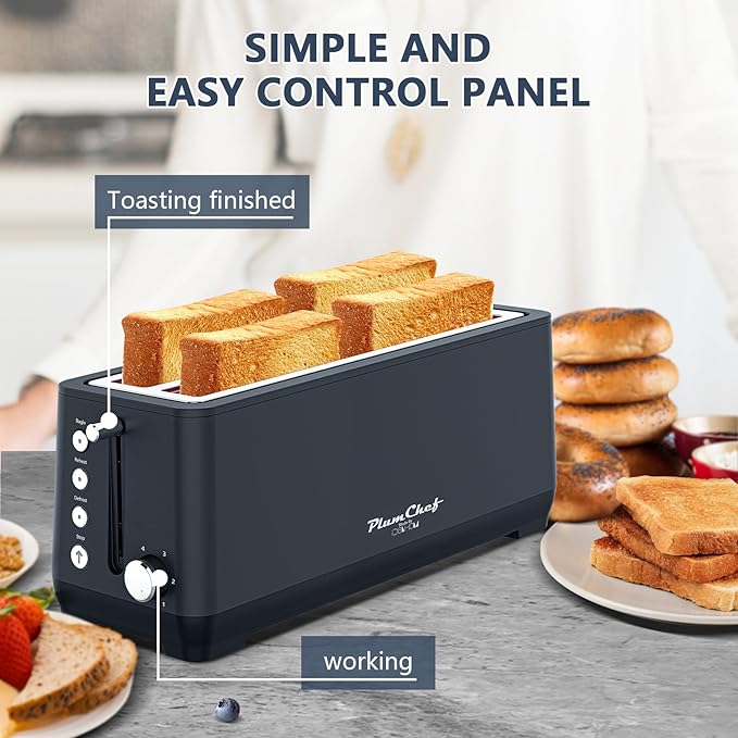4-Slice Toaster, Extra Wide Long Slot Toaster with Warming Rack, 6 Browning Settings, Bagel/Defrost/Reheat Functions, Removable Crumb Tray, Stainless Steel Housing,Black