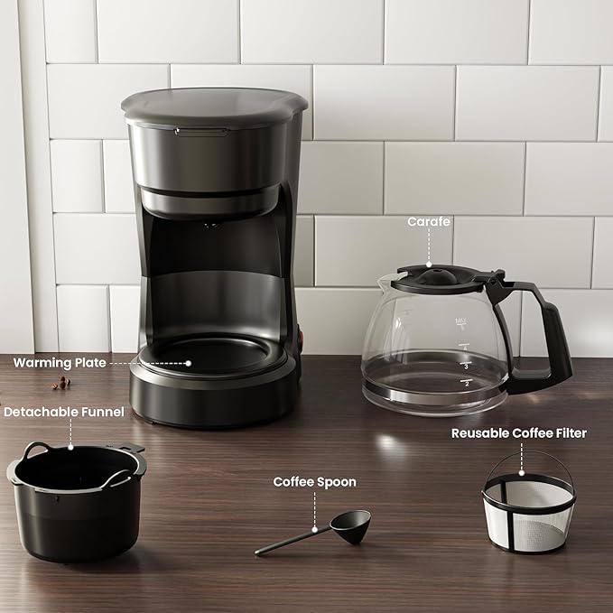 WAA 5 Cup Drip Coffee Maker, Portable Coffee Machine, Glass Coffee Pots with Reusable filter, Delay Brew, Anti-Drip Design, Dry-Burn Protection, One-Touch Operation, 25oz Water Reservoir, Black