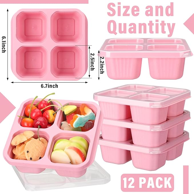 12 Pcs 4 Divided Compartments Snack Containers Bento Wheat Straw Snack Box with Lid Reusable Meal Prep Lunch Box Food Storage Containers for Adults Christmas Travel Work Gifts(Pink)