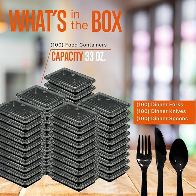 SQUATZ 100 Meal Prep Containers 33oz Reusable with Lid, Sturdy Leakproof & Food Safe, Microwave, Freezer, Dishwasher Safe Food Prep Containers To Go Take Out Plastic Storage BPA-Free Includes Utensils