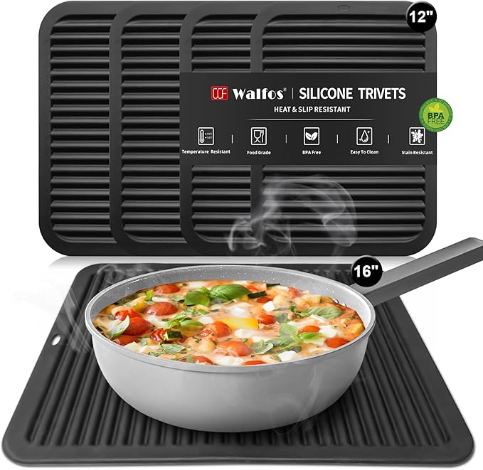 Walfos XXL Silicone Trivet 16 Inch and Trivets Mats 12 Inch, Trivets for Hot Pots and Pans, Heat Resistant Pot Holders Hot Pads for Kitchen Quartz Countertops, Hot Dishes, 5 Pack