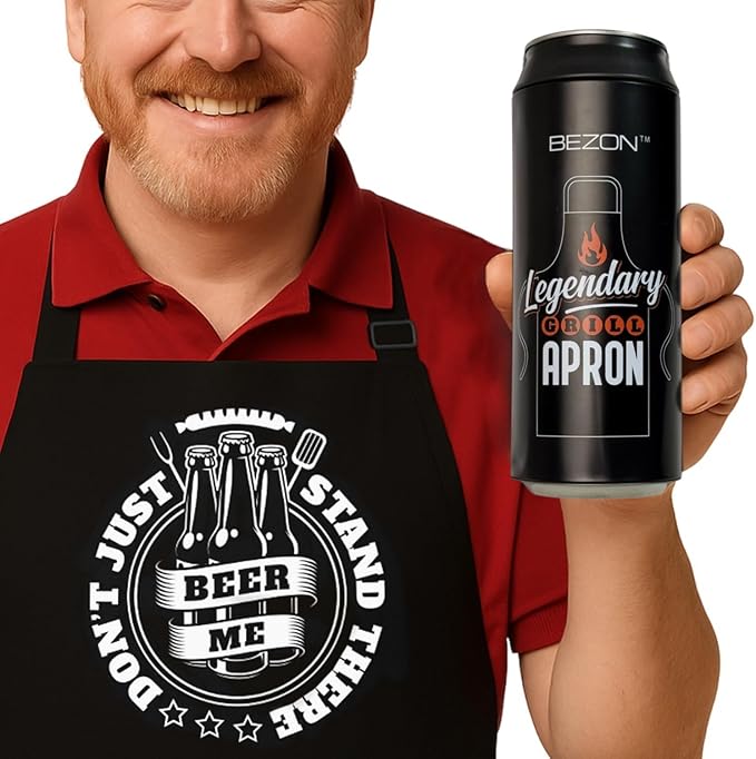 BEZON Funny Grill Apron for Men – Beer Can Gift Packaging – Hilarious BBQ Gift for Dad, Husband, or Friend – Heavy-Duty Water-Resistant Canvas – Don’t Just Stand There! Beer Me!
